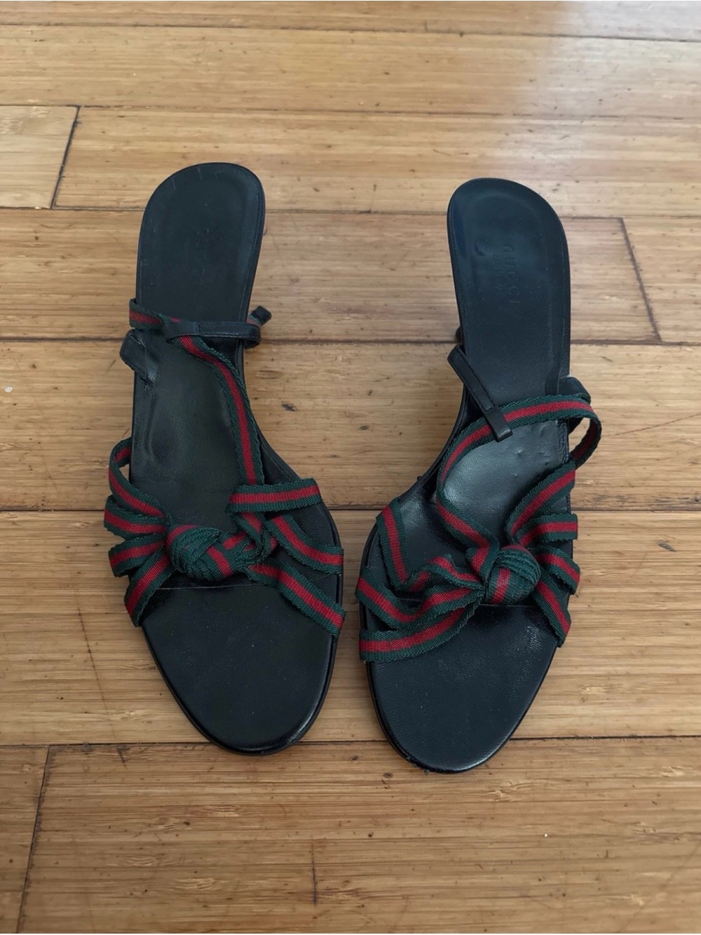Gucci Black Slide Mules with Signature Red & Green Striped Knot